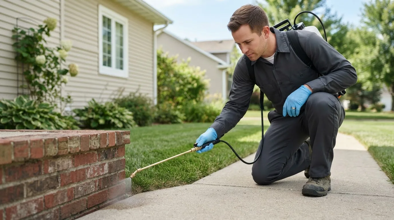 Pest control technician treating a home near Topsfield, MA